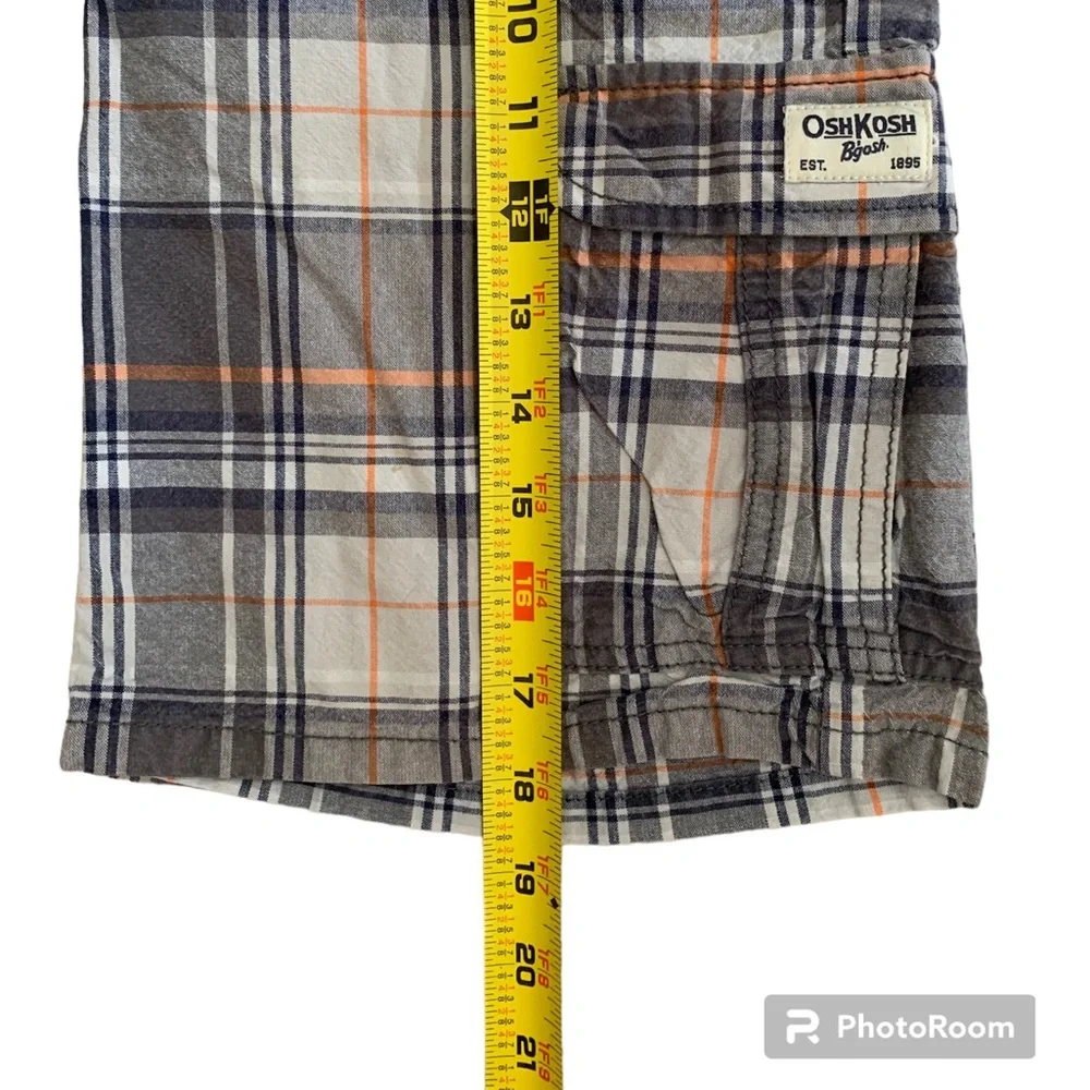 OshKosh B'Gosh Shorts Boy 7X Gray Blue Plaid Cargo Flat Front Pockets Adjustable